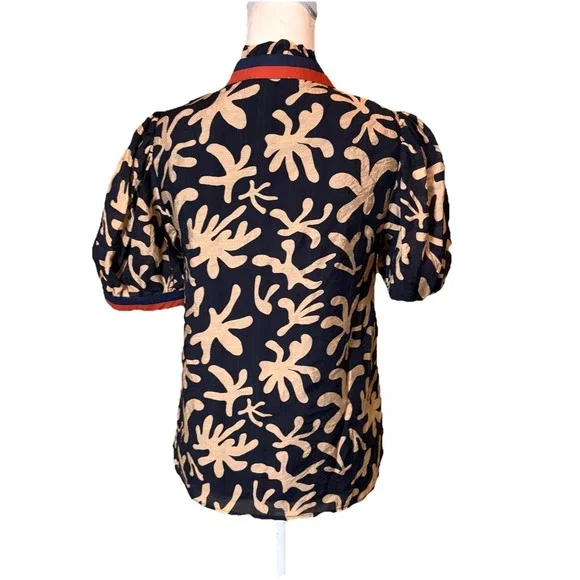 THML Puff Sleeve Blouse Black Beige Abstract Print Mandarin Collar Size S - Picture 2 of 6